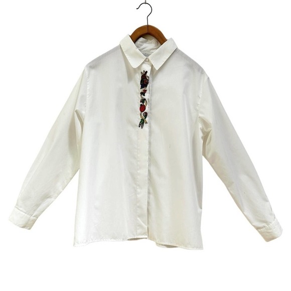 Vintage Autumn Halloween Fall Leaves Pumpkin Embroidered White Button Up Top - Picture 3 of 12